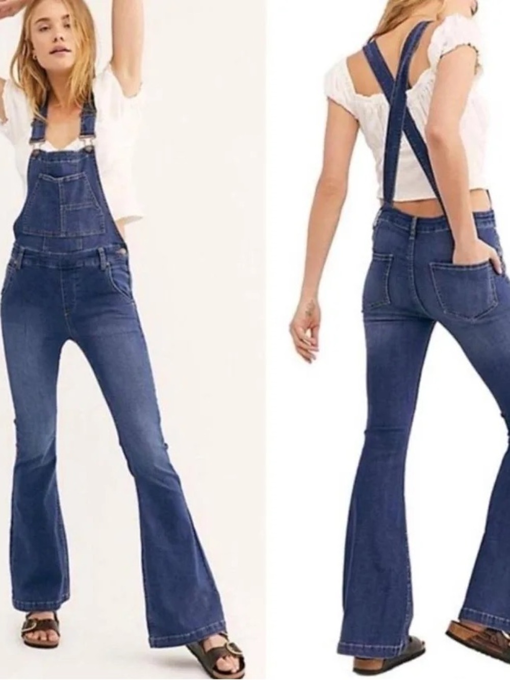We The Free People Denim Flare Overalls Mid Rise Medium Wash Size 28